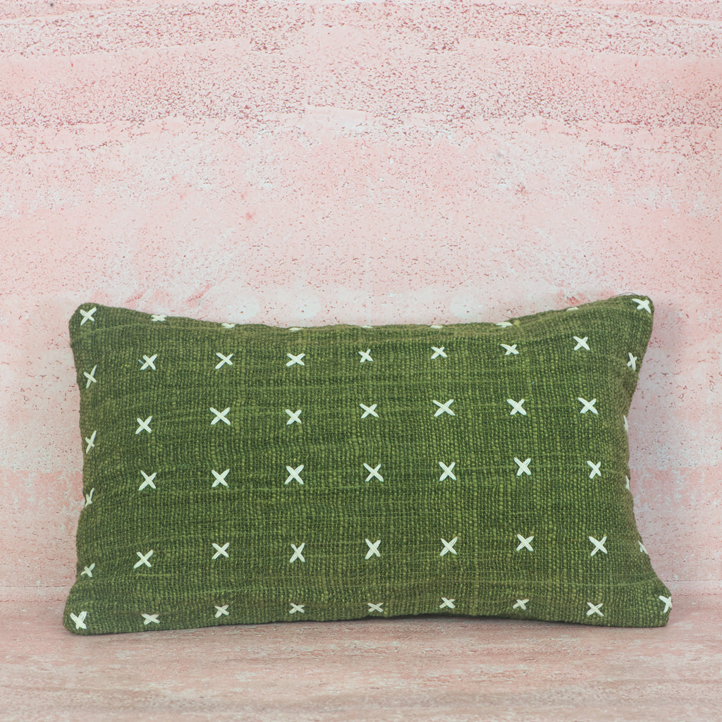 Olive Green Cotton Cushion with White Cross Stitch – 30x50 cm