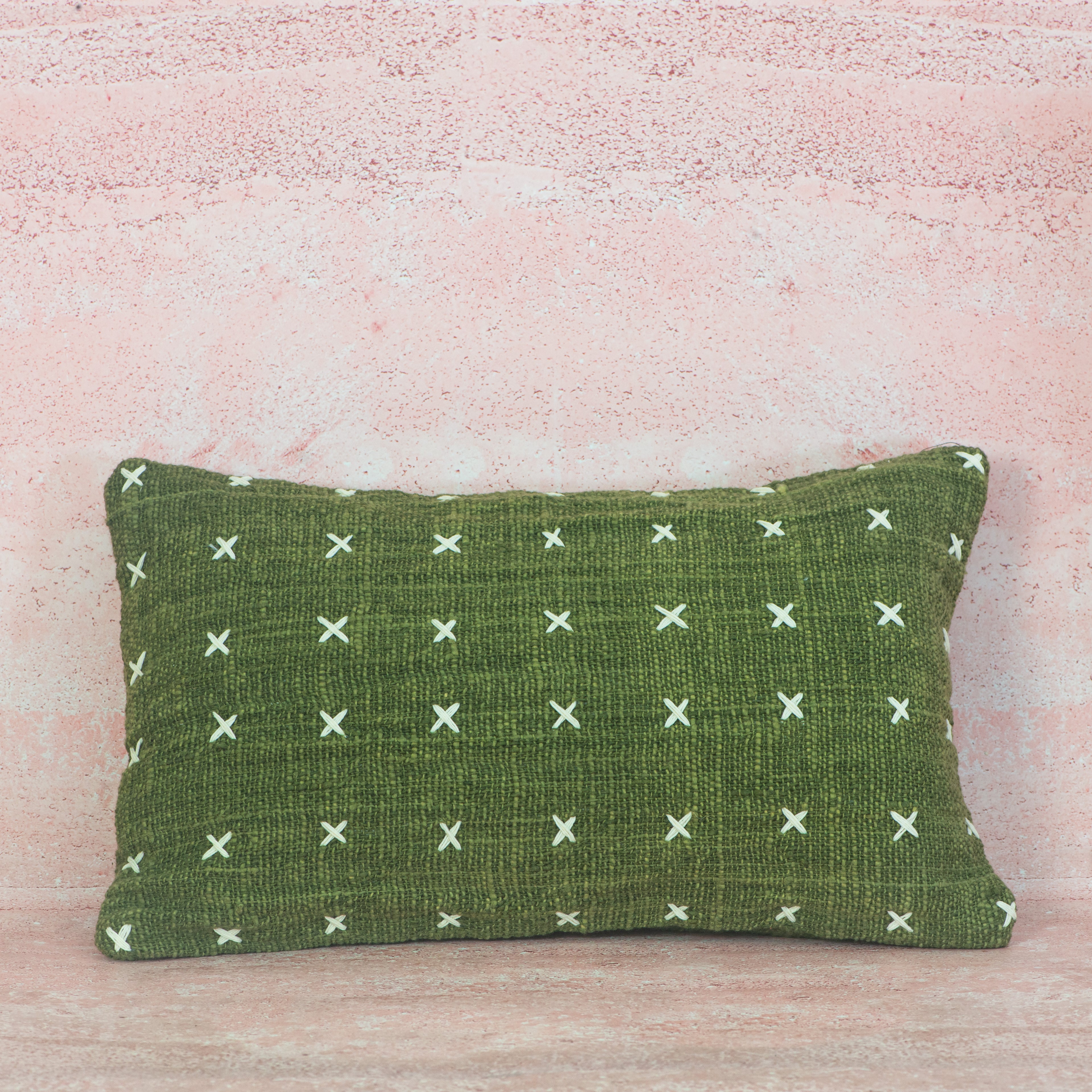 Olive Green Cotton Cushion with White Cross Stitch – 30x50 cm