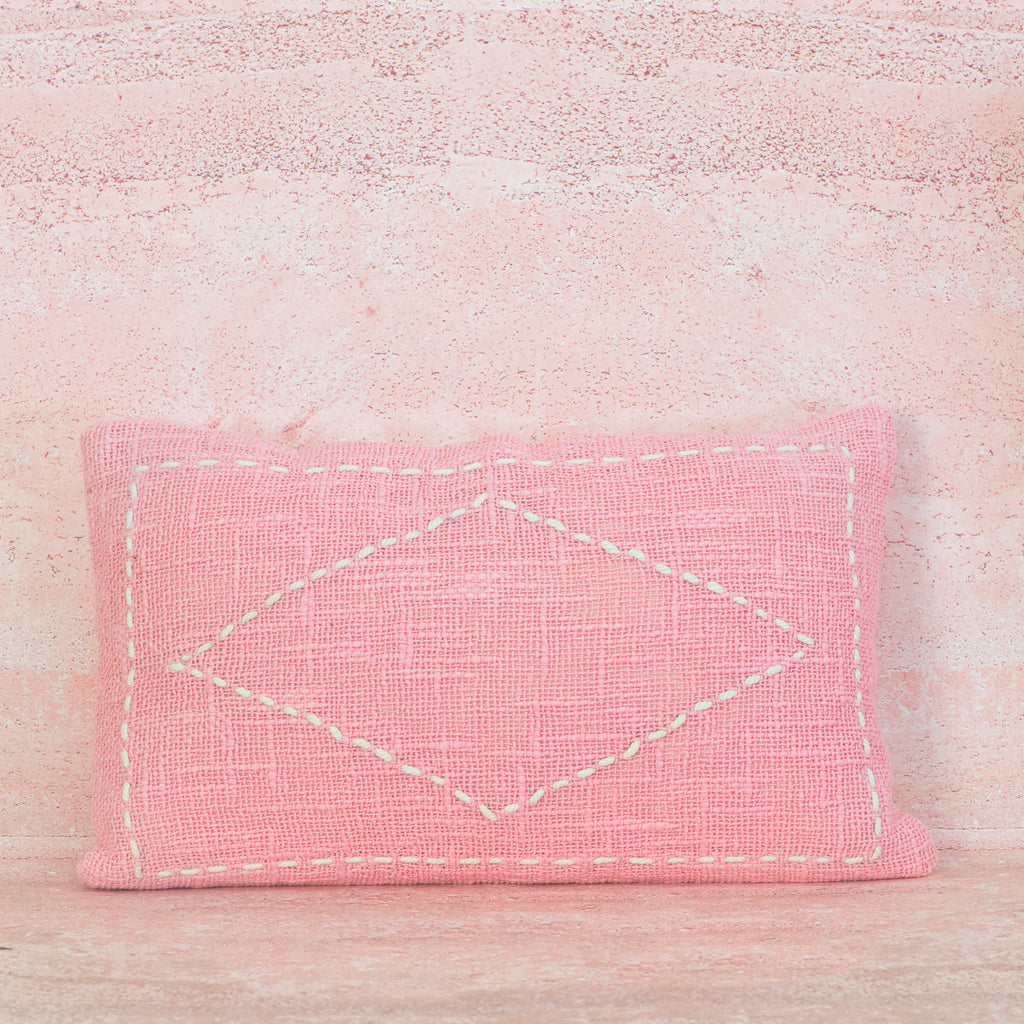 Pink Cotton Cushion with White Diamond Stitch – 30x50 cm
