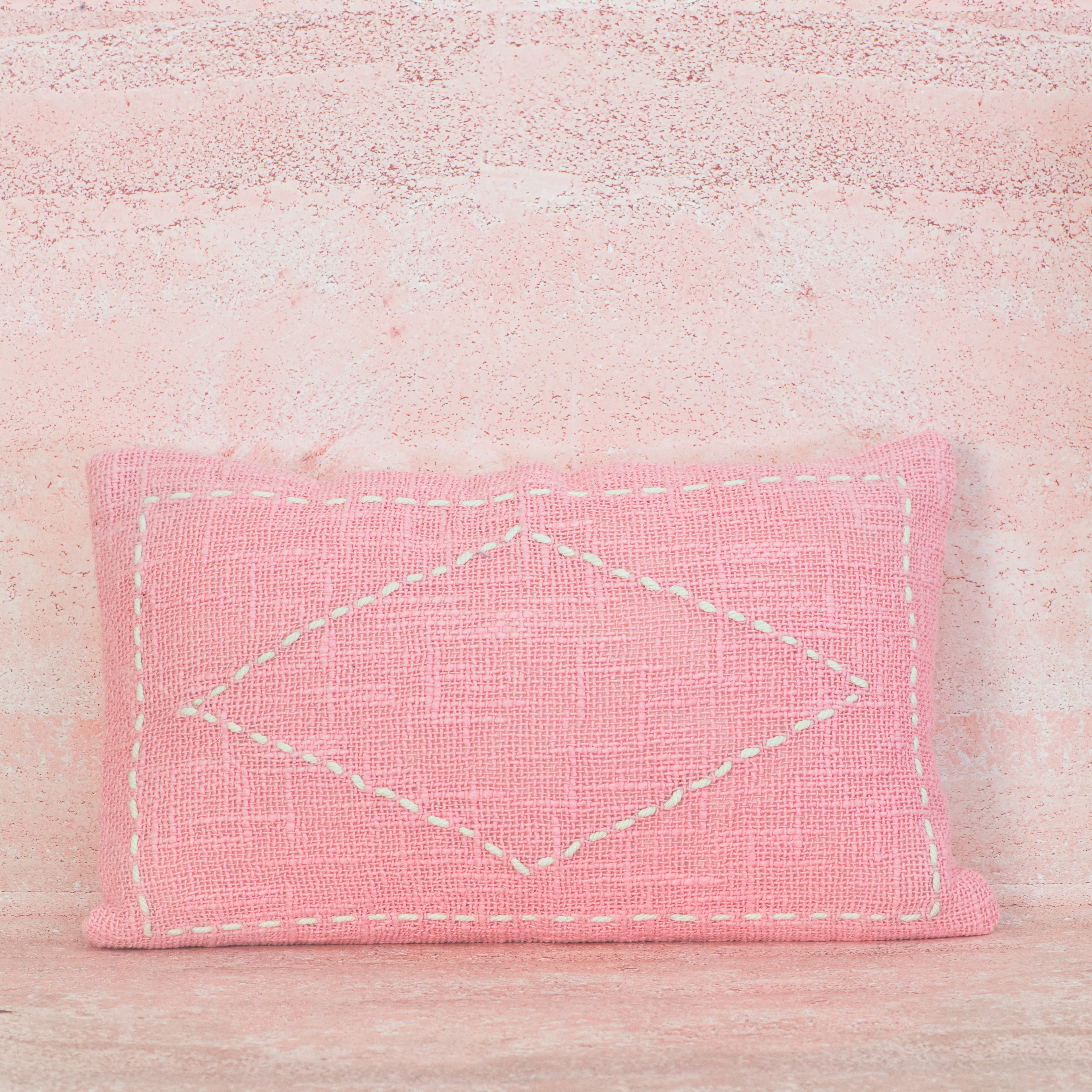 Pink Cotton Cushion with White Diamond Stitch – 30x50 cm