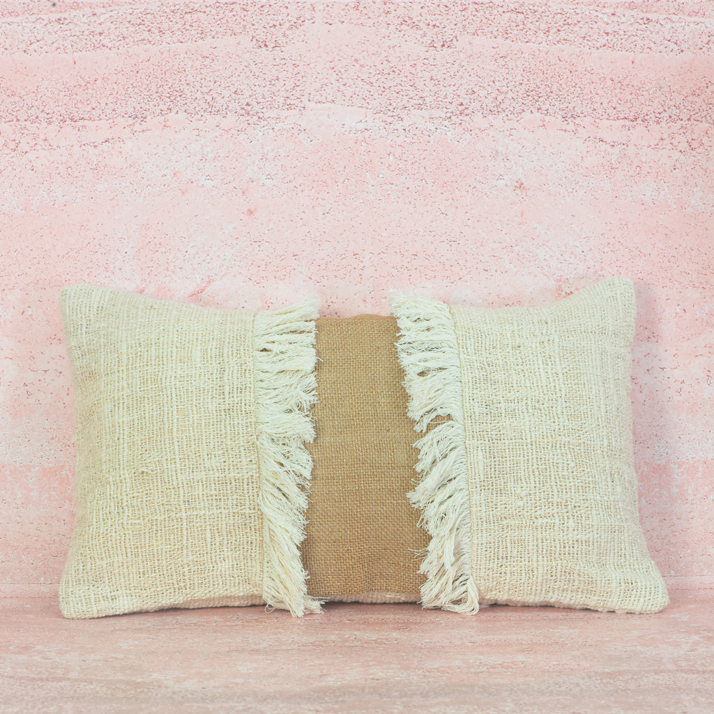 Natural Cotton Cushion with Fringe Panel Detail – 30x50 cm