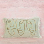 Natural Linen Cushion with Abstract Face Embroidery – 30x50 cm