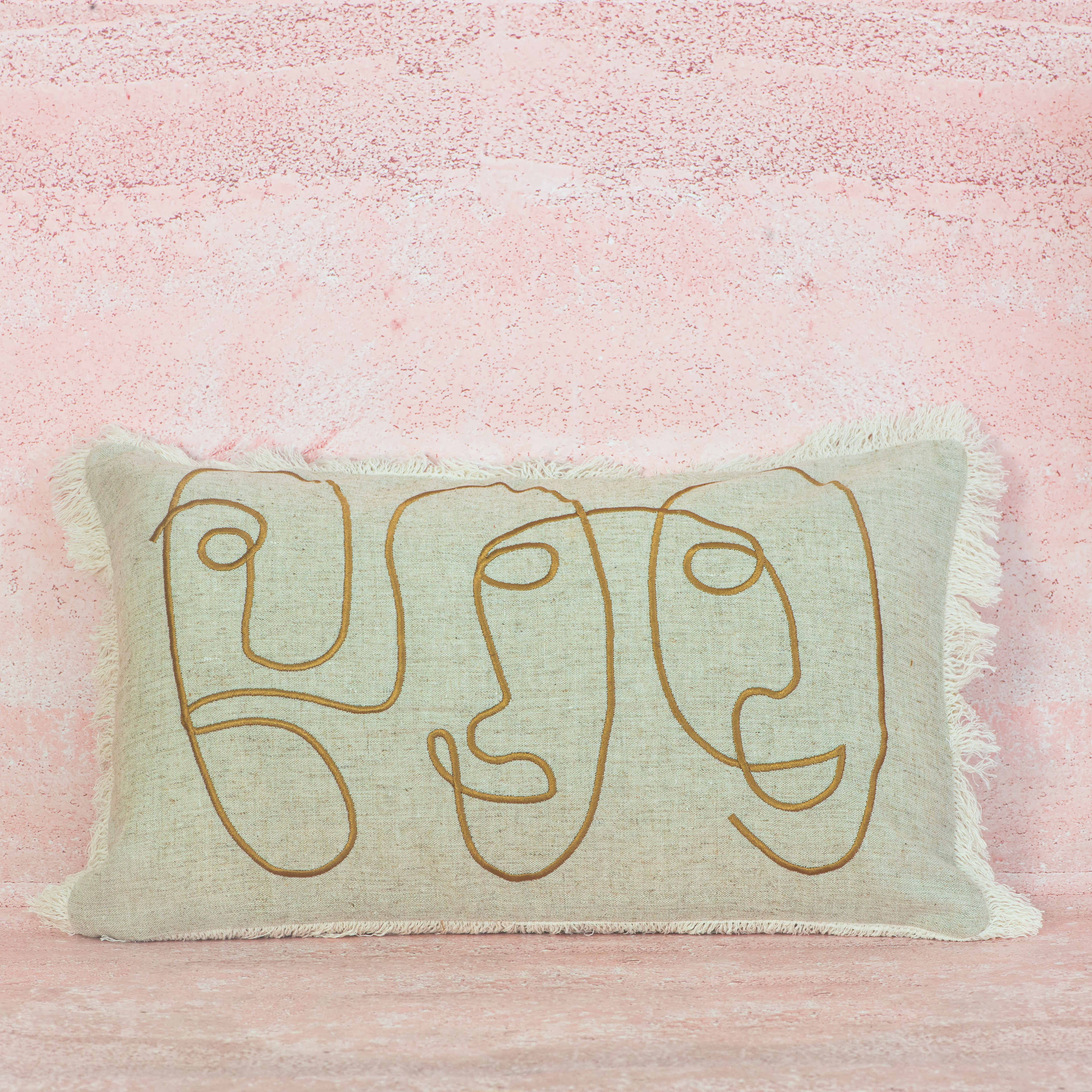 Natural Linen Cushion with Abstract Face Embroidery – 30x50 cm