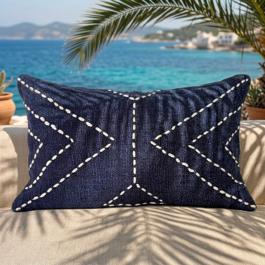 Navy Cotton Cushion with White Geometric Stitch – 30x50 cm