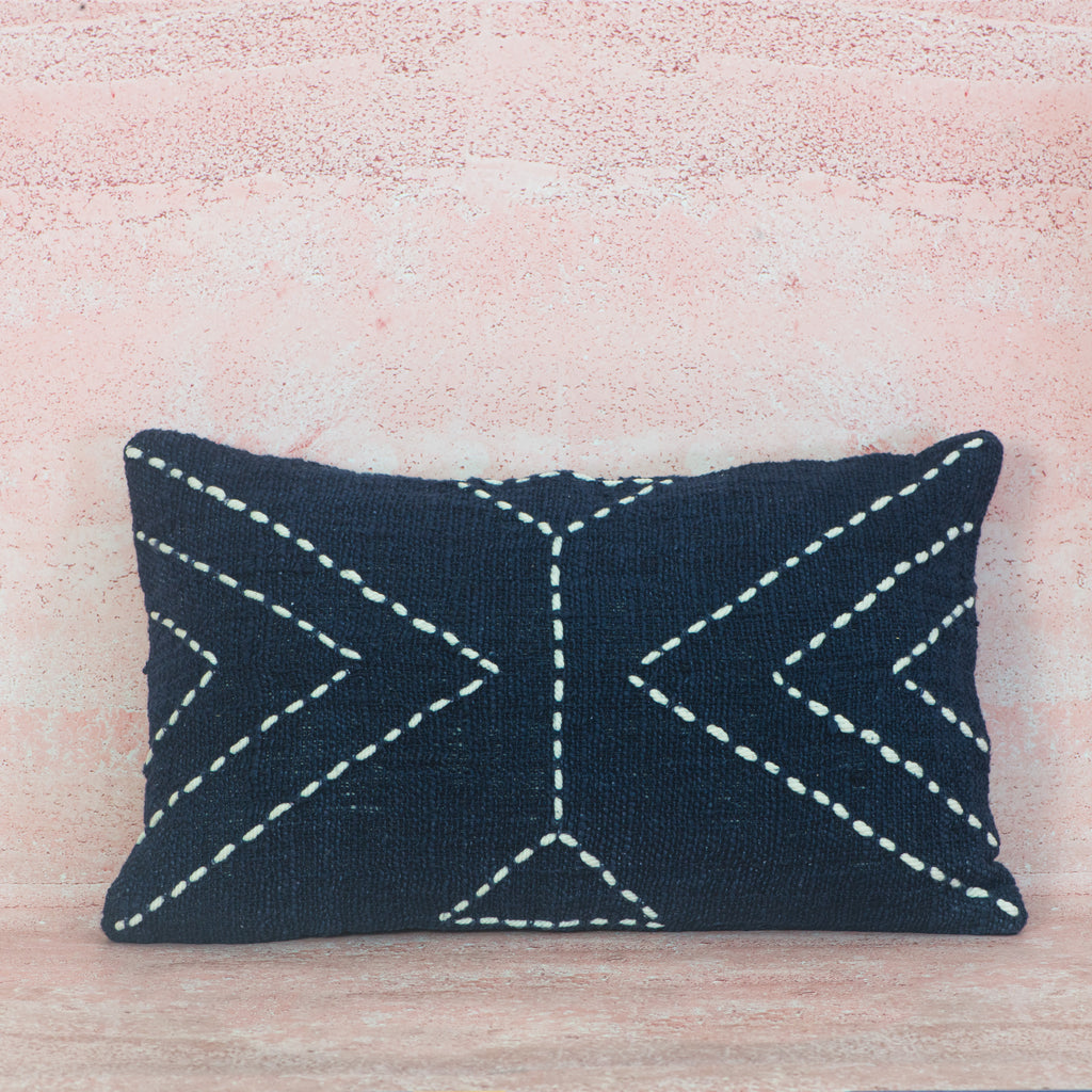 Navy Cotton Cushion with White Geometric Stitch – 30x50 cm