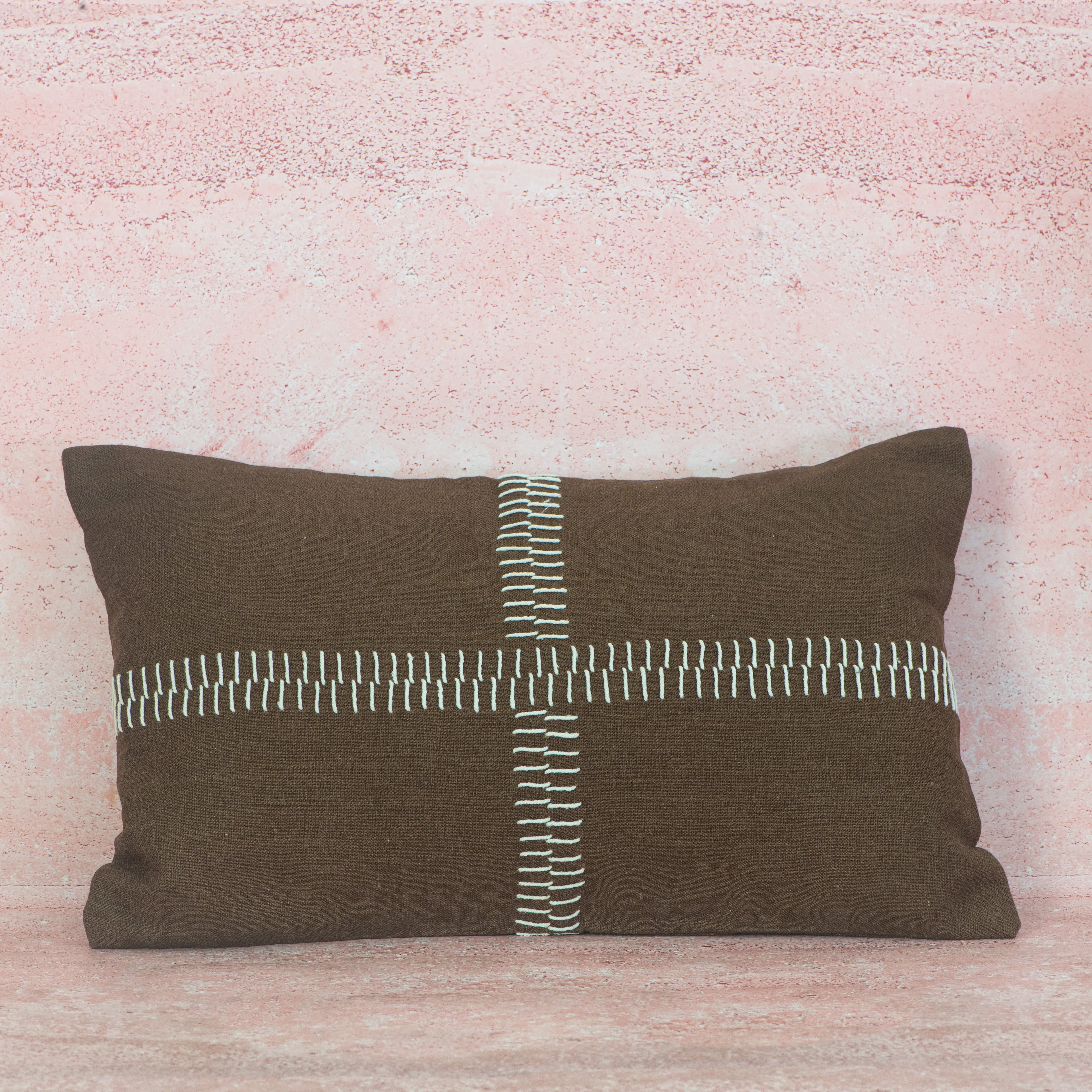 Brown Linen Cushion with White Cross Stitch – 30x50 cm