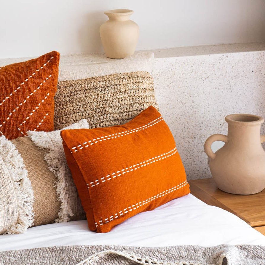 Terracotta Linen Cushion with White Stitch Detail – 30x50 cm