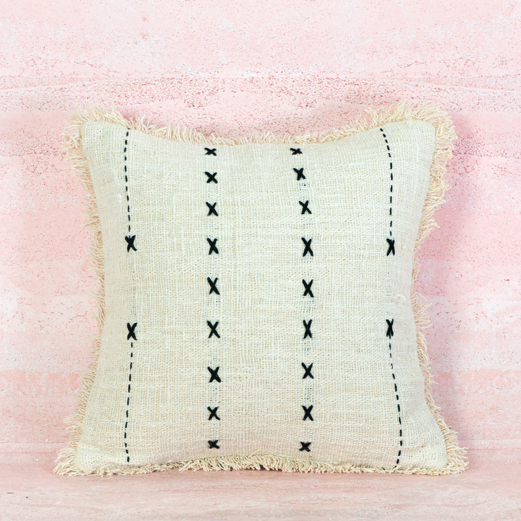 Beige Cross-Stitch Cotton Cushion with Fringe