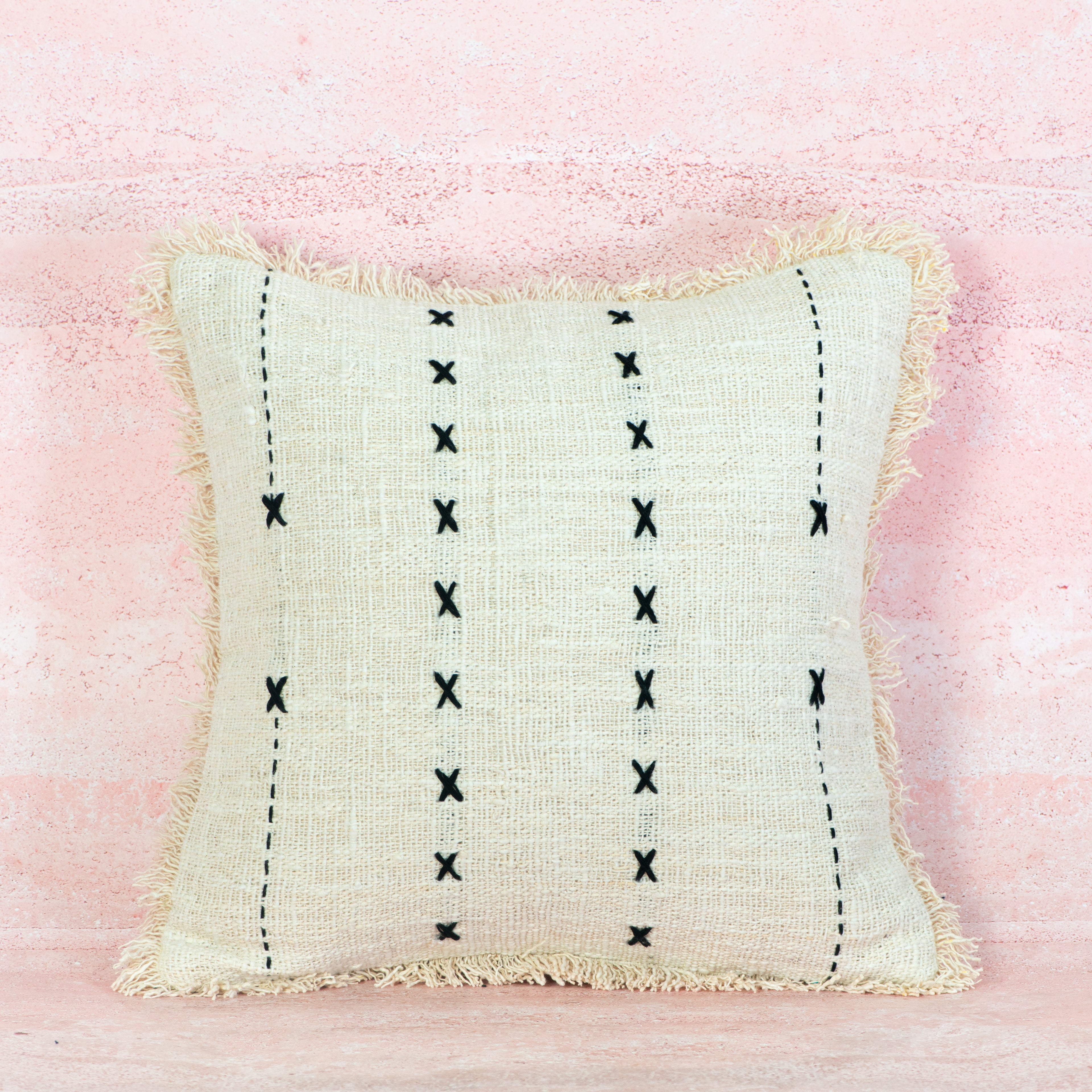 Beige Cross-Stitch Cotton Cushion with Fringe