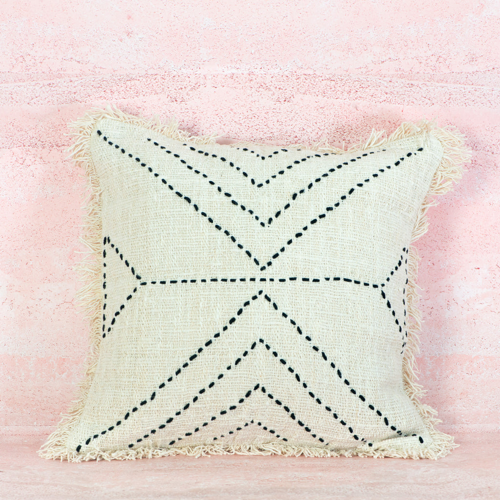 Beige Line-Stitched Textured Cotton Cushion with Fringe