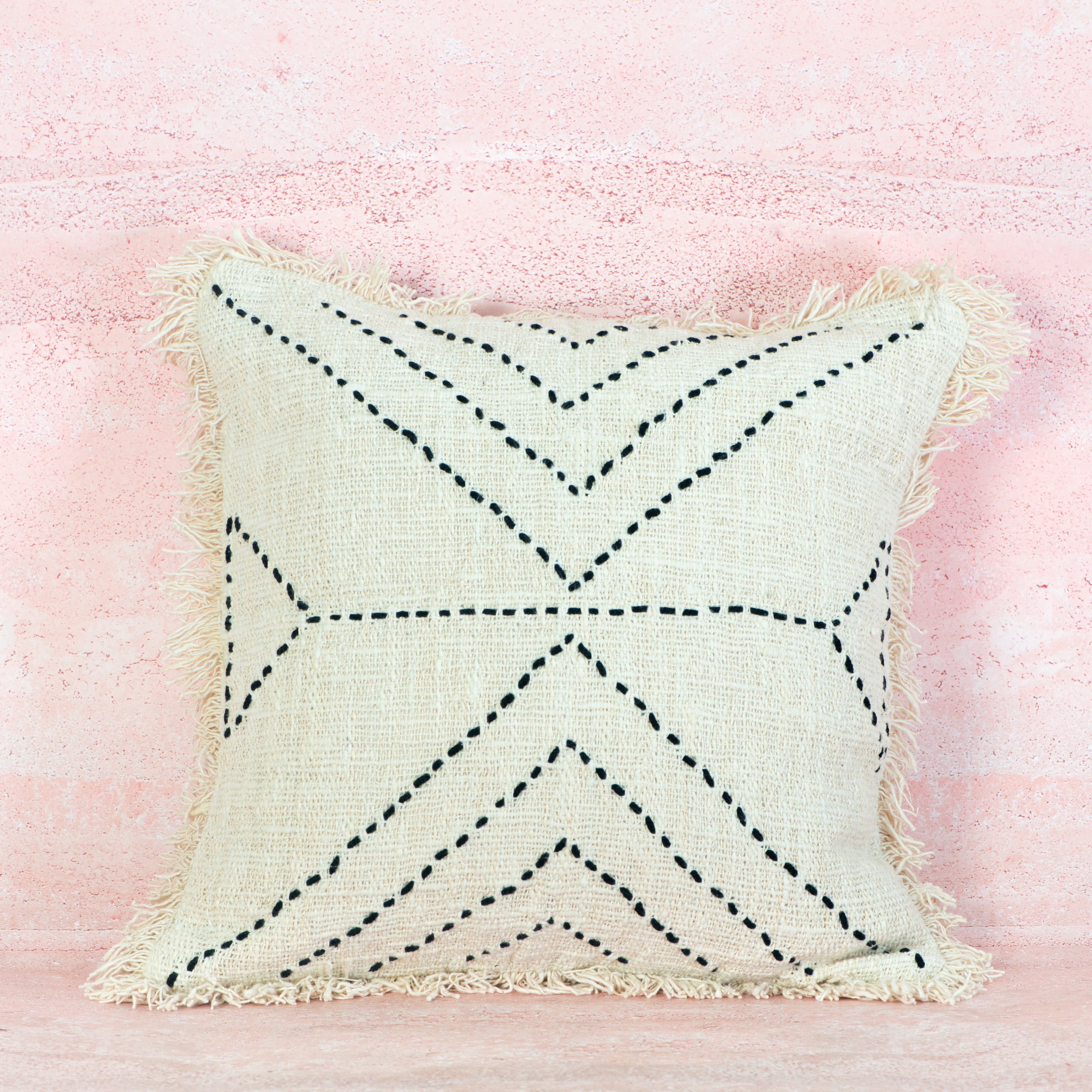Beige Line-Stitched Textured Cotton Cushion with Fringe