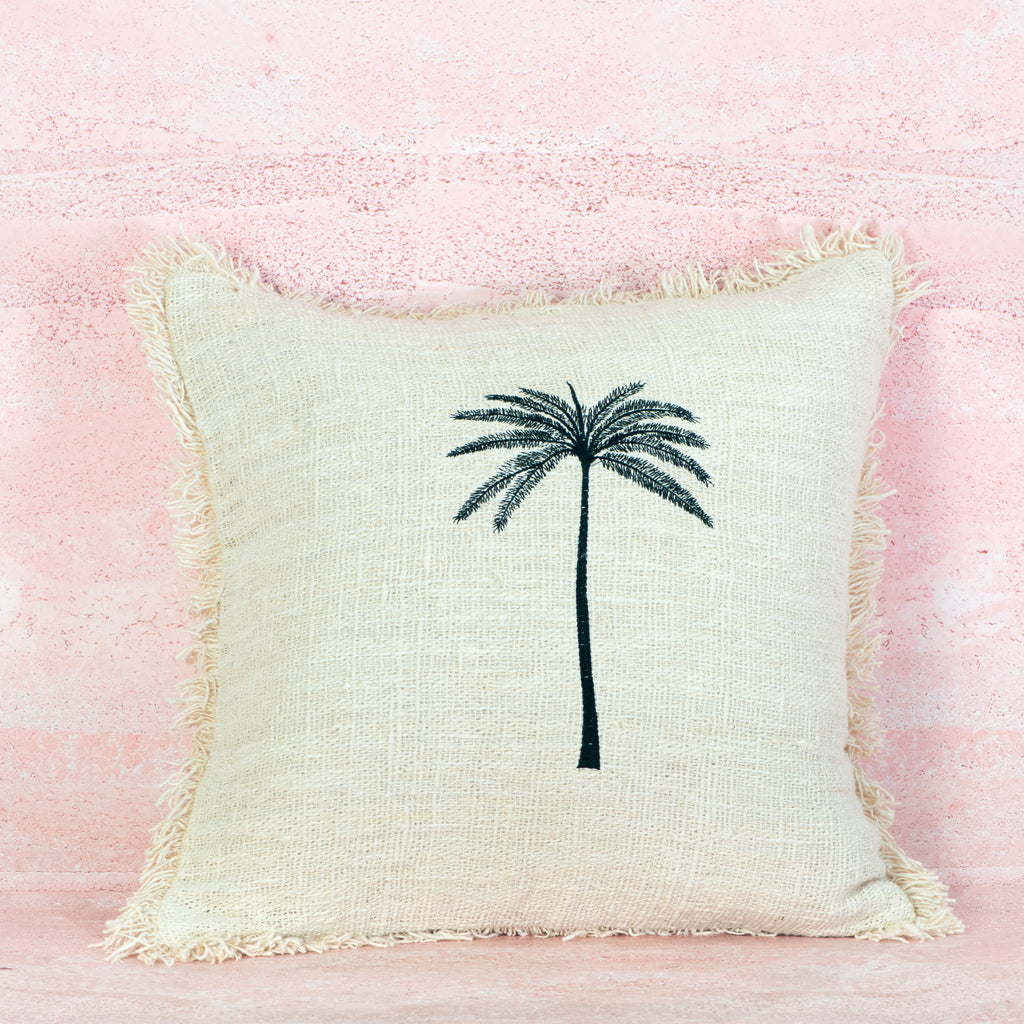 Beige Palm Embroidered Cotton Cushion with Fringe