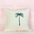 Beige Palm Embroidered Cotton Cushion with Fringe