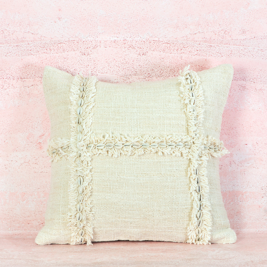 Beige Shell-Detail Textured Cotton Cushion