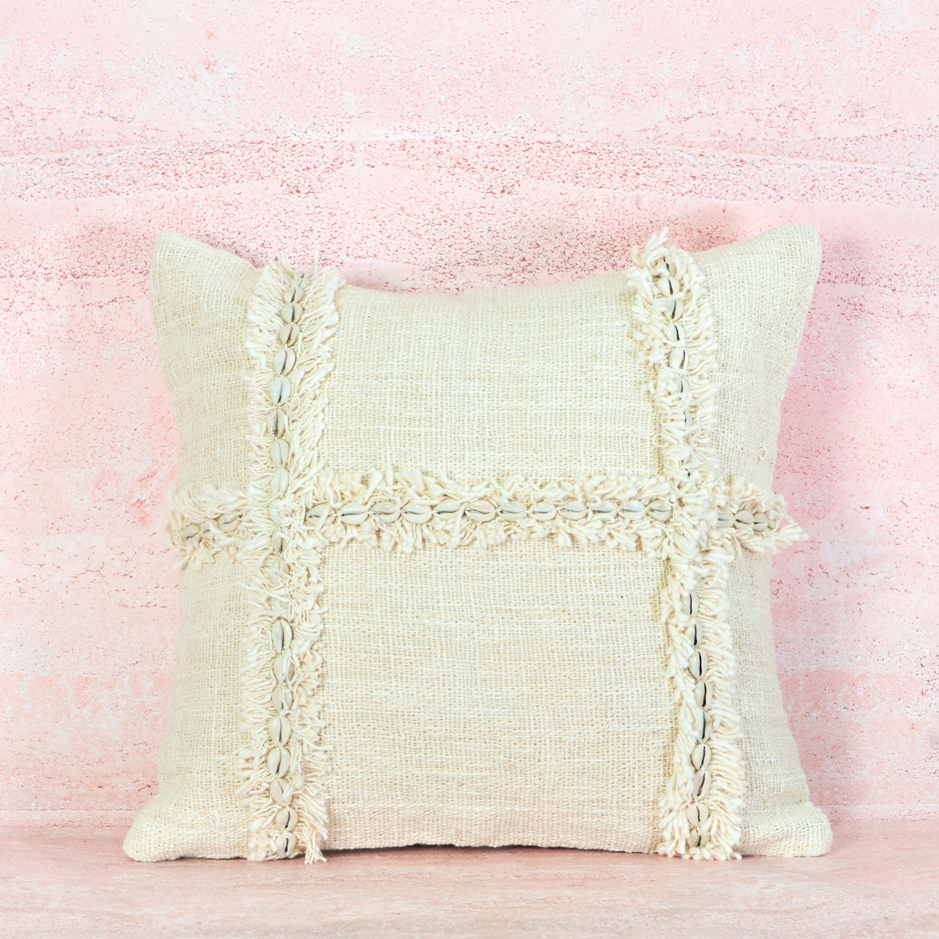 Beige Shell-Detail Textured Cotton Cushion