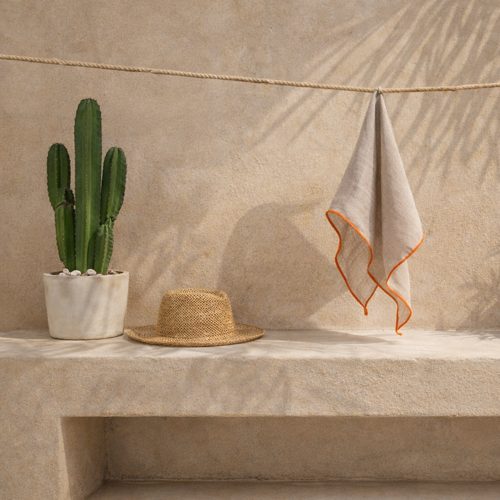 Decorative setting with a linnen napkin with orange hem, and potted plants on a stone surface.