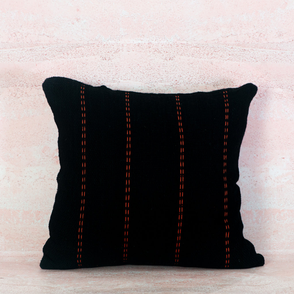 Black Cotton Cushion with Red Stitch Lines 