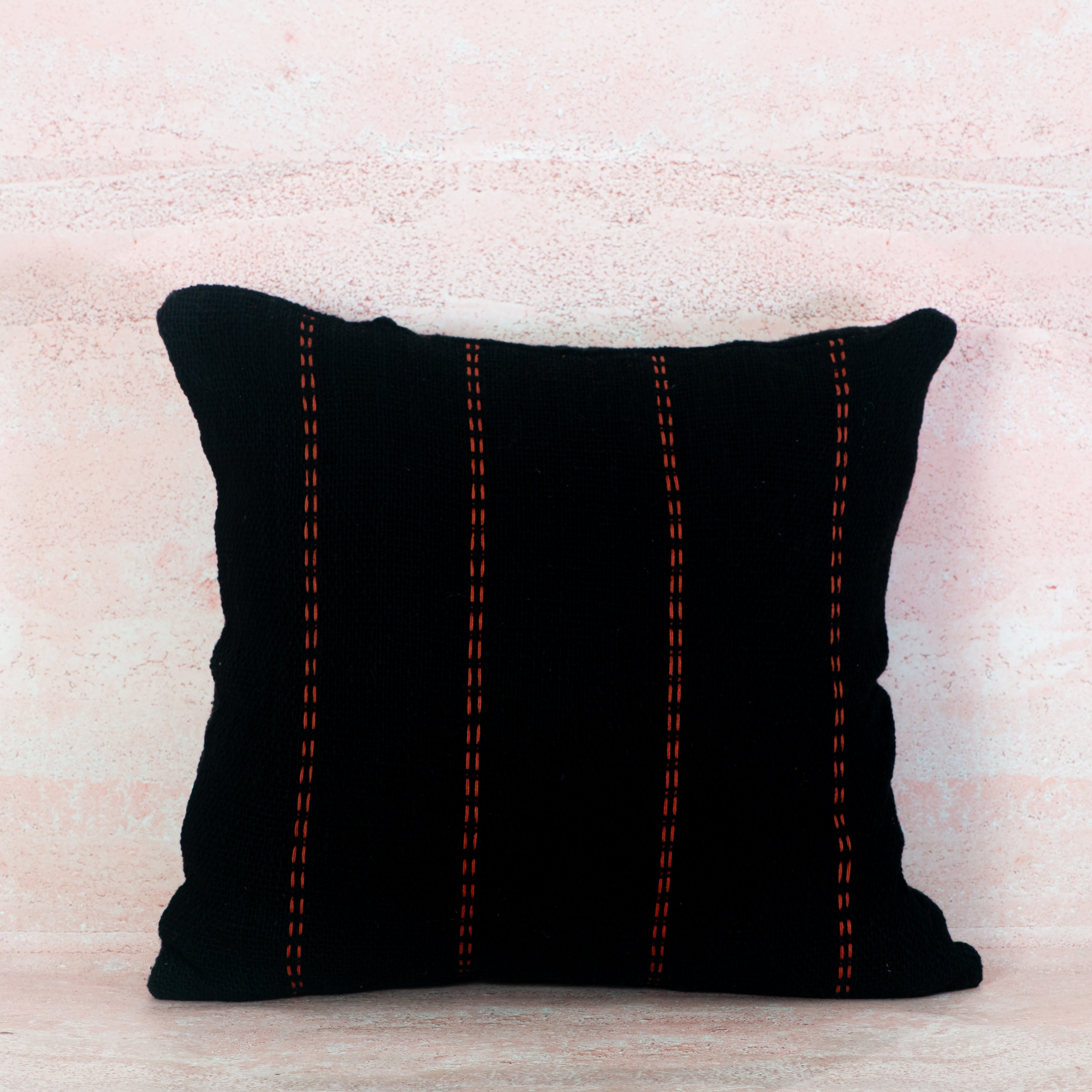 Black Cotton Cushion with Red Stitch Lines 