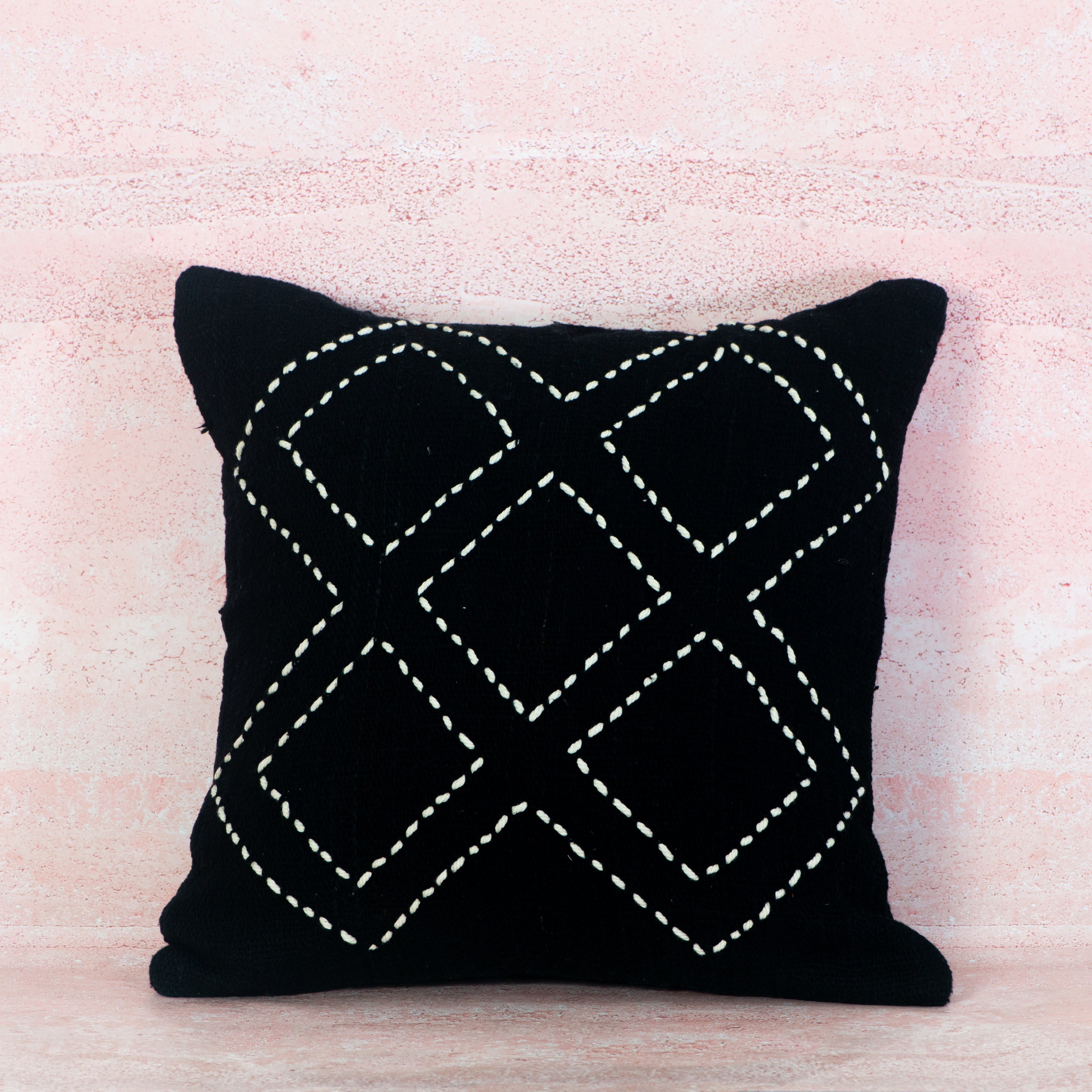 Black Cotton Cushion with White Diamond Stitch