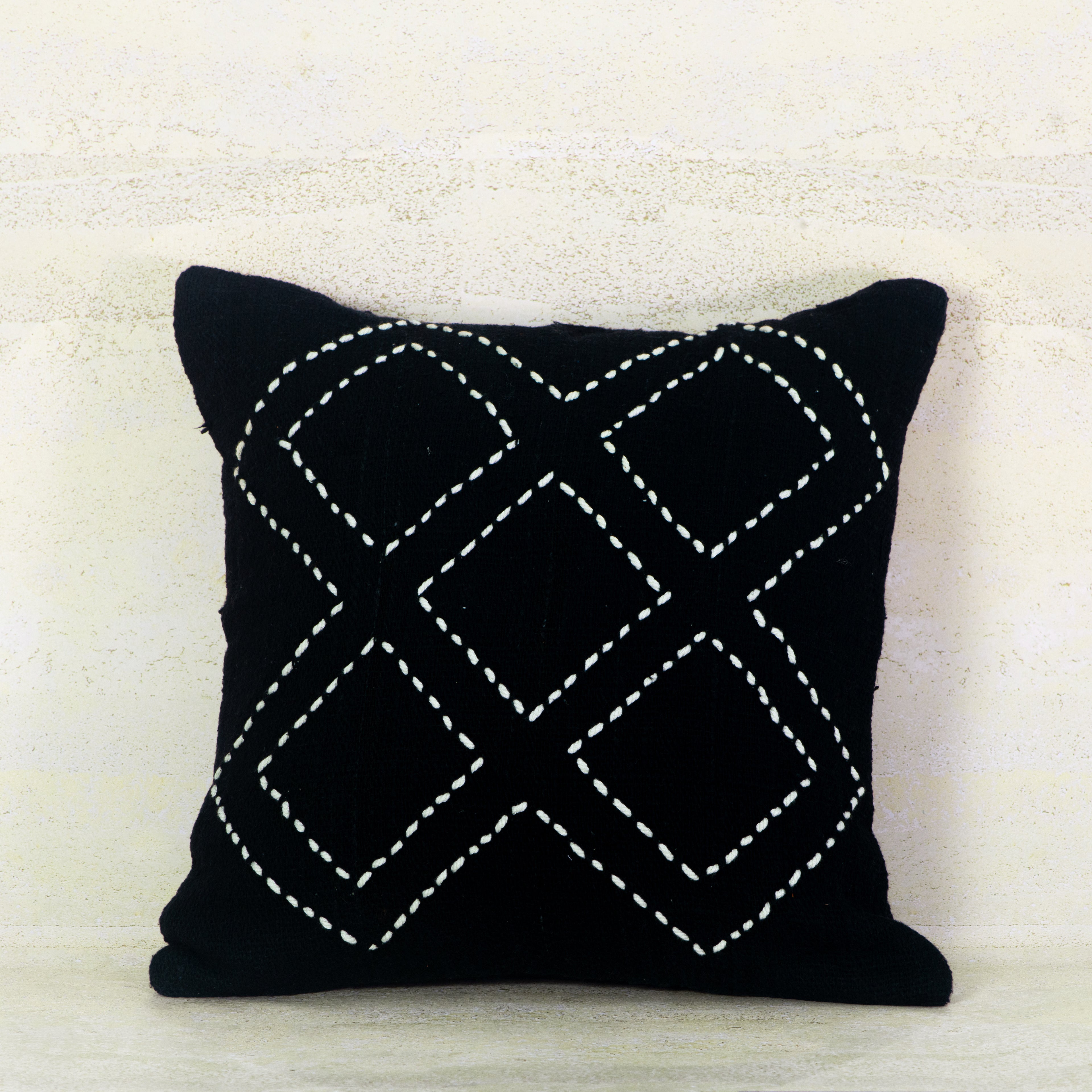 Black Cotton Cushion with White Diamond Stitch