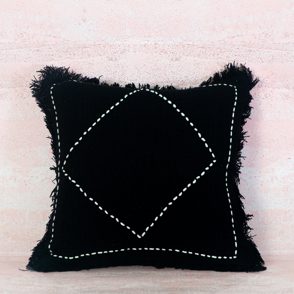 Black Woven Diamond-Stitched Cotton Cushion with Fringe