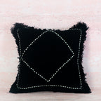 Black Woven Diamond-Stitched Cotton Cushion with Fringe
