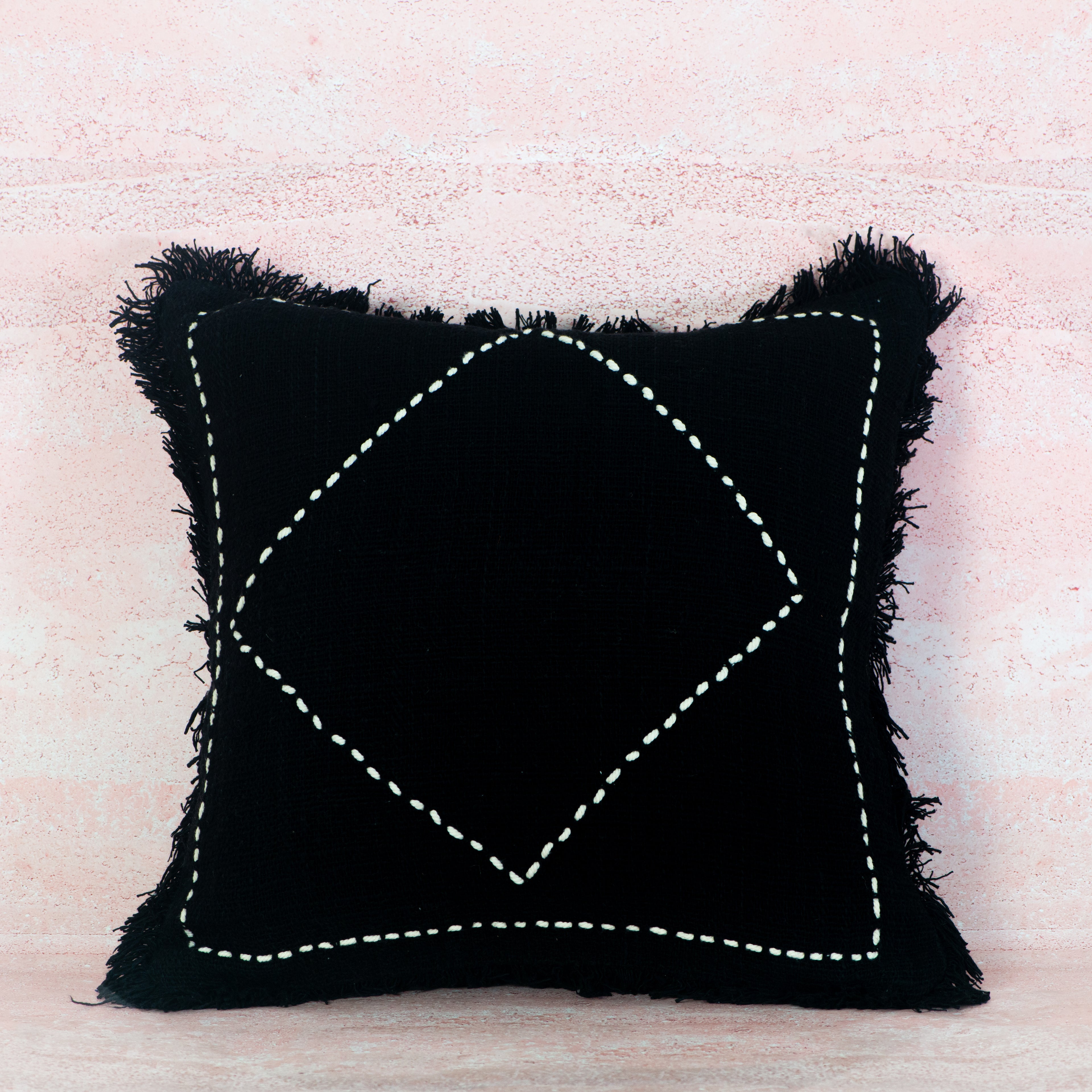 Black Woven Diamond-Stitched Cotton Cushion with Fringe