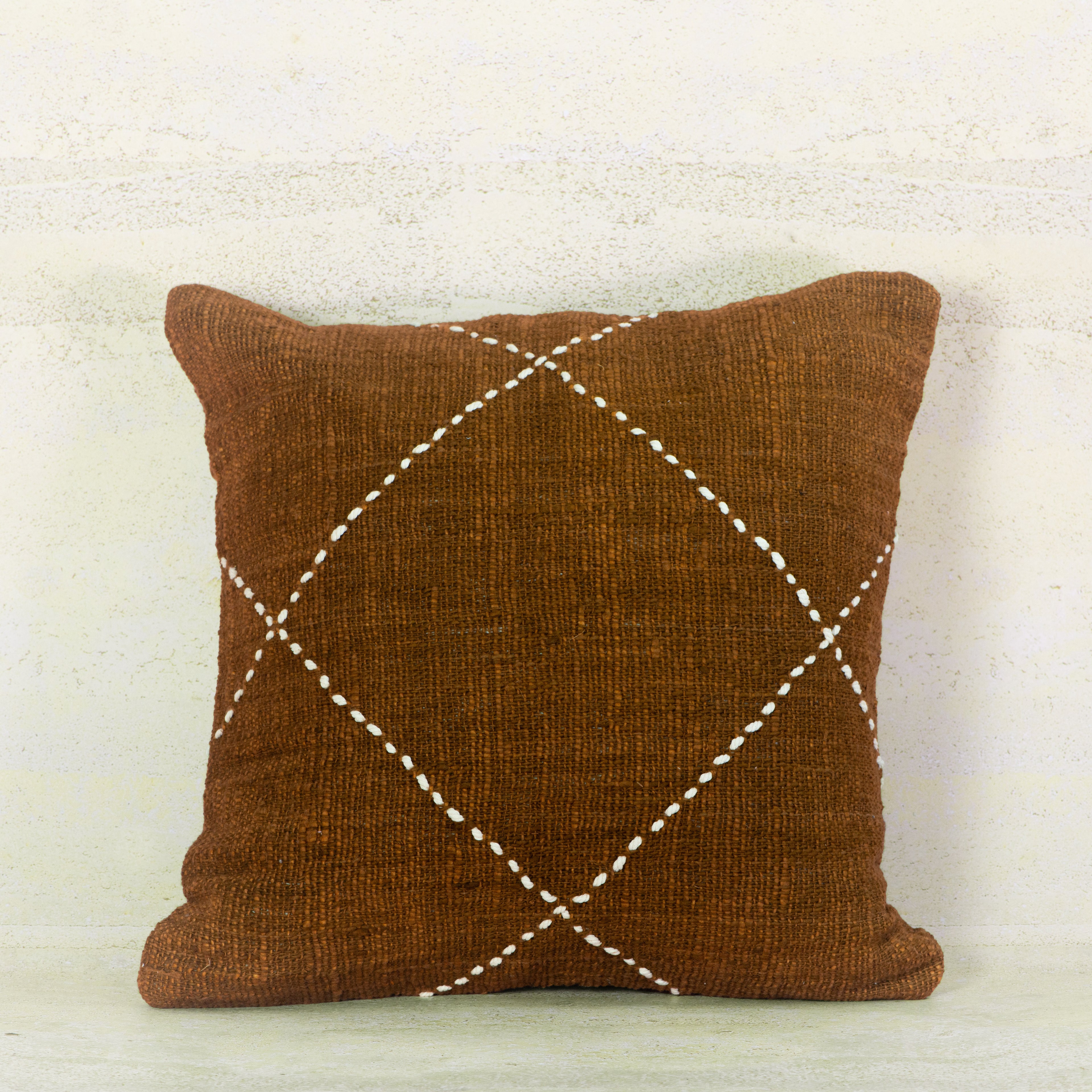  Brown Cotton Cushion with White Diamond Stitch 
