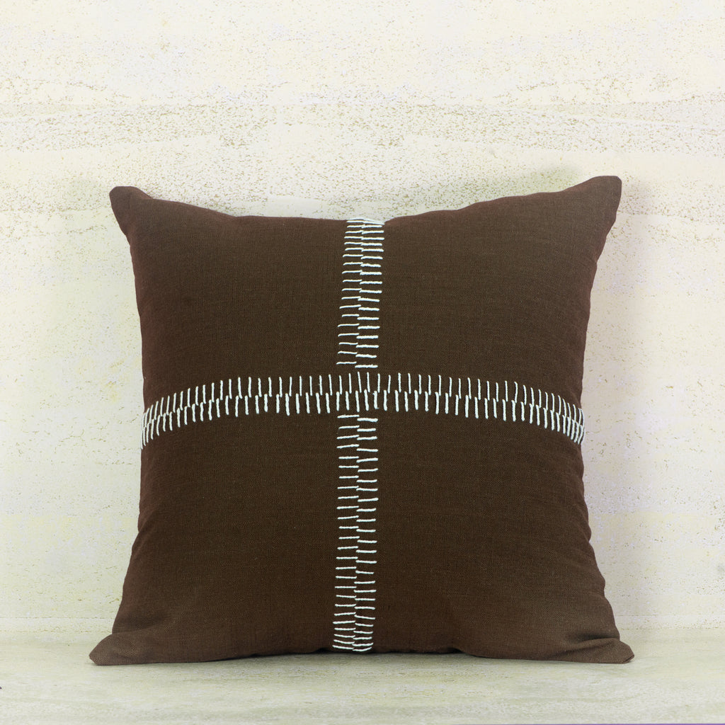 Brown Linen Cushion with White Cross Stitch 