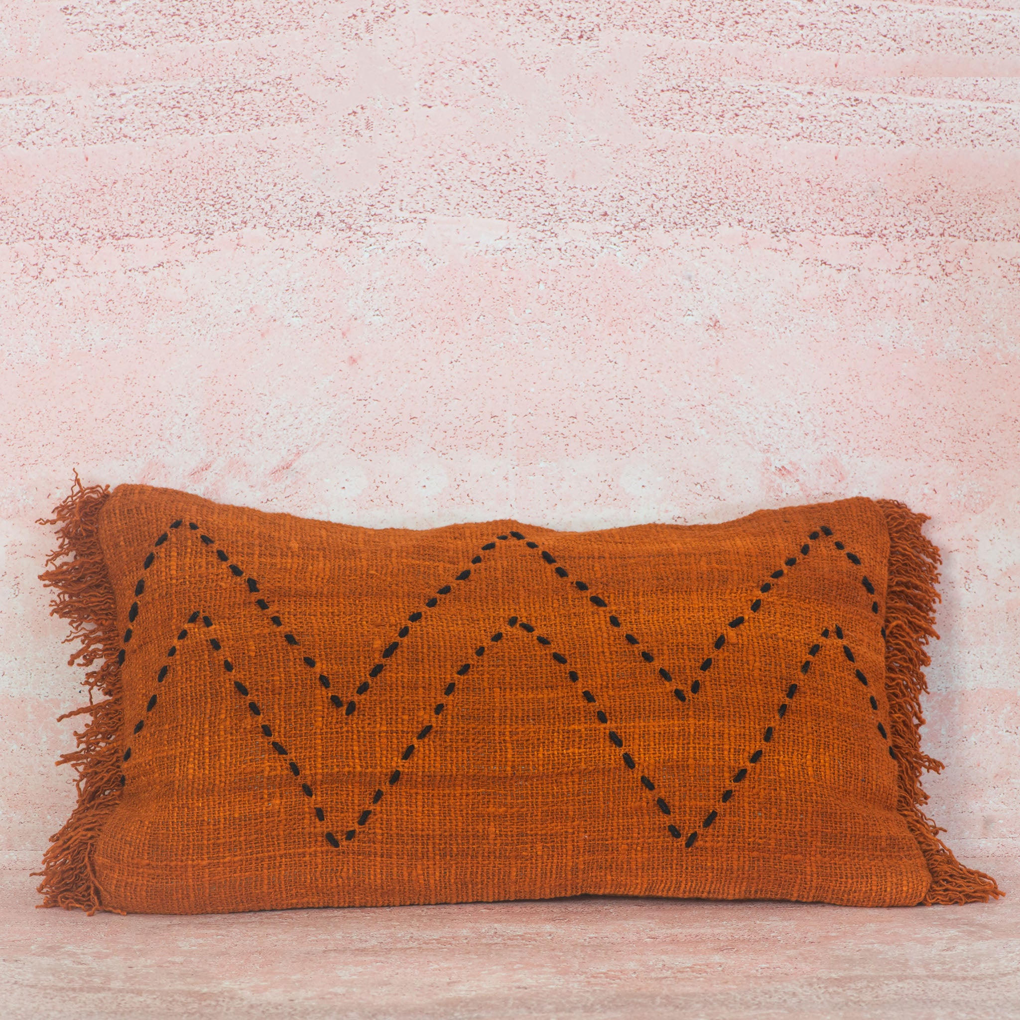 Terracotta Cotton Cushion with Black Wave Stitch – 30x50 cm