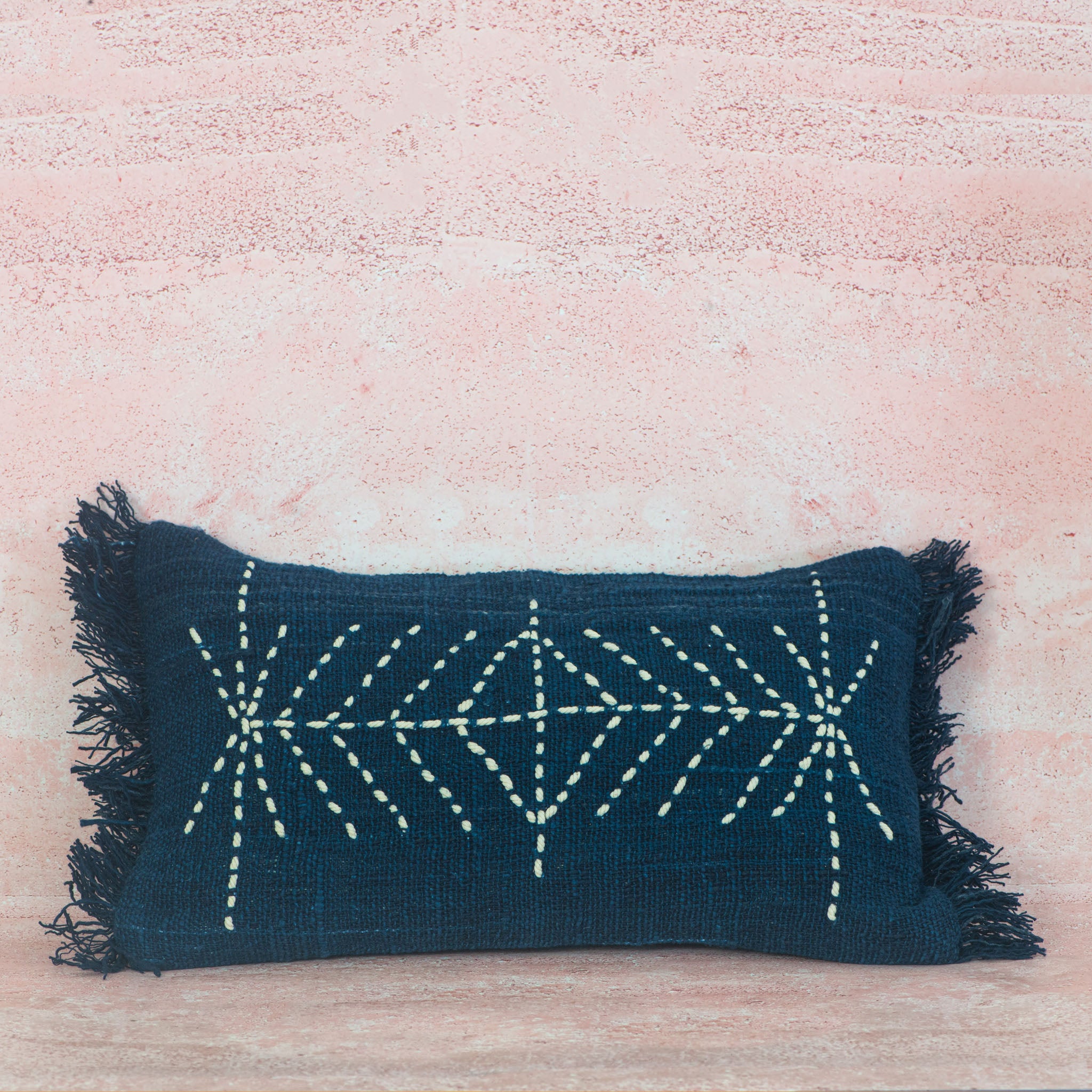 Navy Cotton Cushion with White Geometric Stitch – 30x50 cm