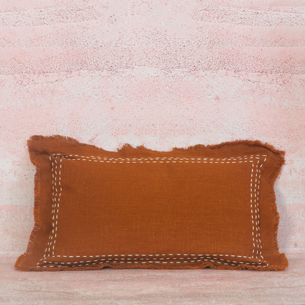 Terracotta Linen Cushion with White Stitch Border – 30x50 cm