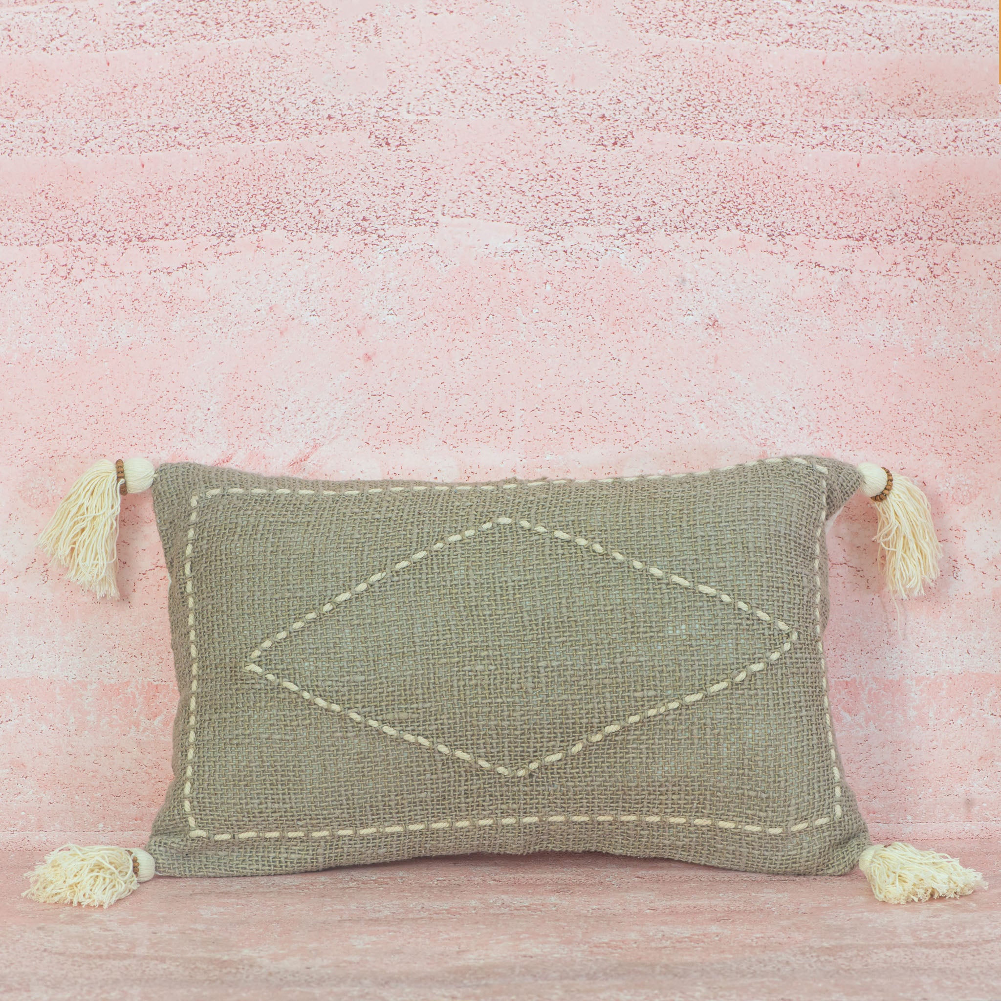 Taupe Cotton Cushion with Diamond Stitch & Tassels – 30x50 cm
