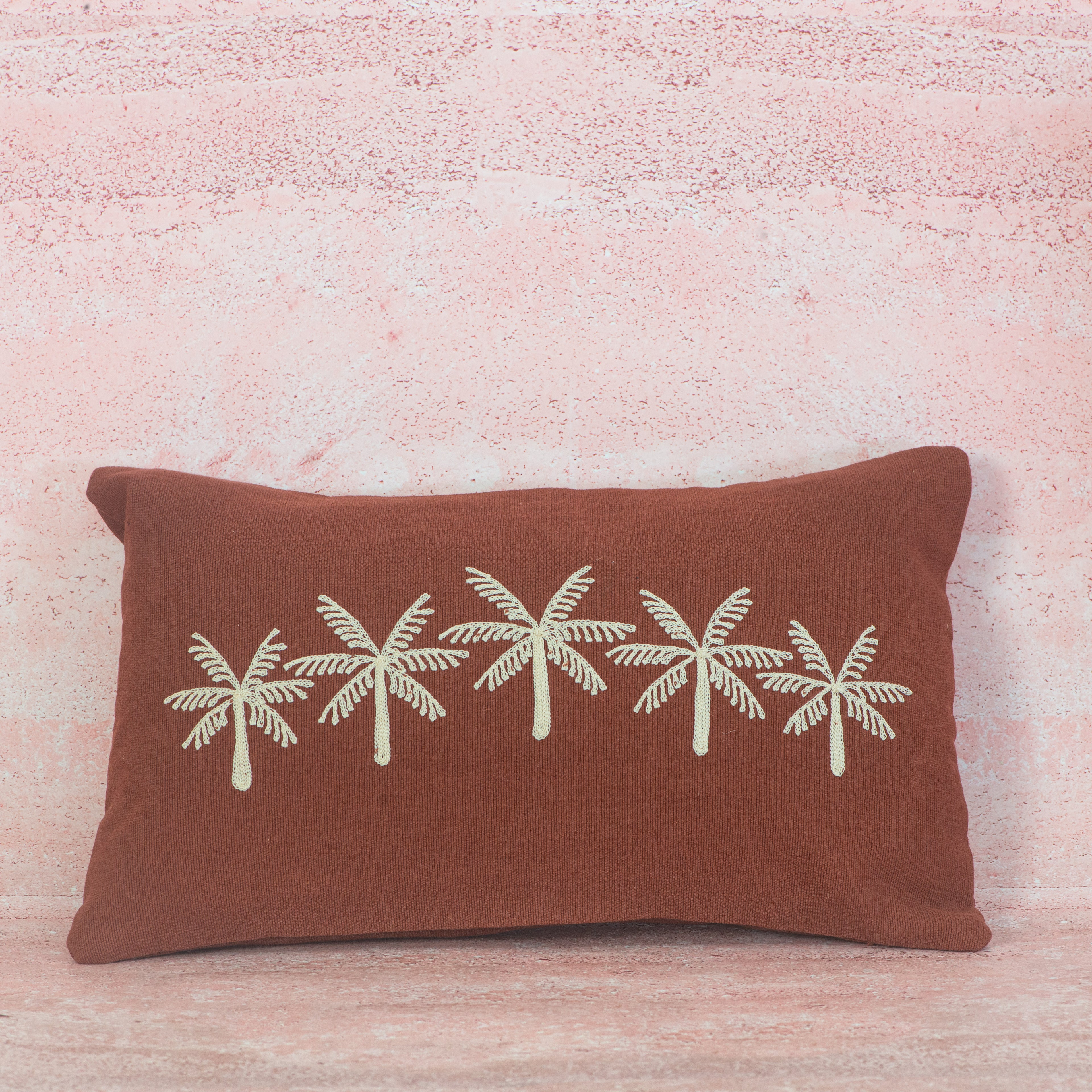 Terracotta Cotton Cushion with White Palm Embroidery – 30x50 cm