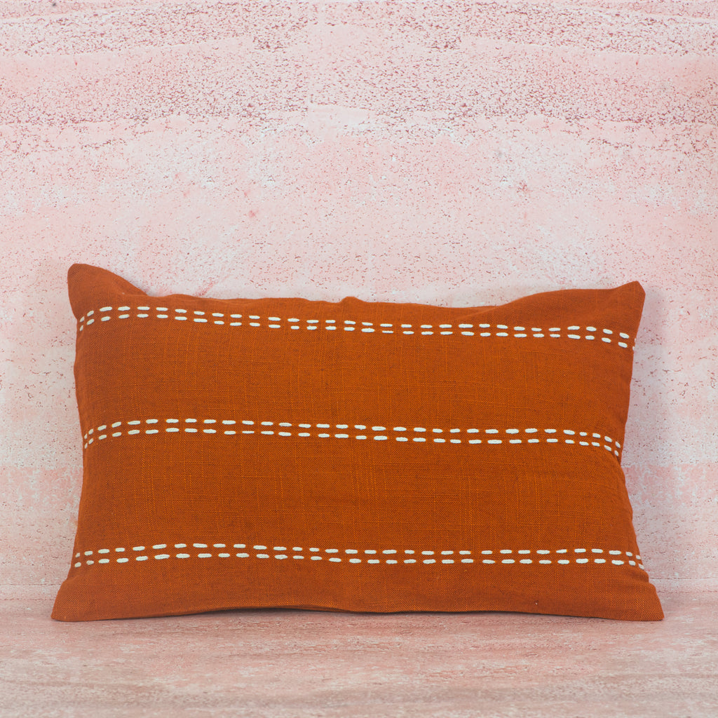 Terracotta Linen Cushion with White Stitch Detail – 30x50 cm