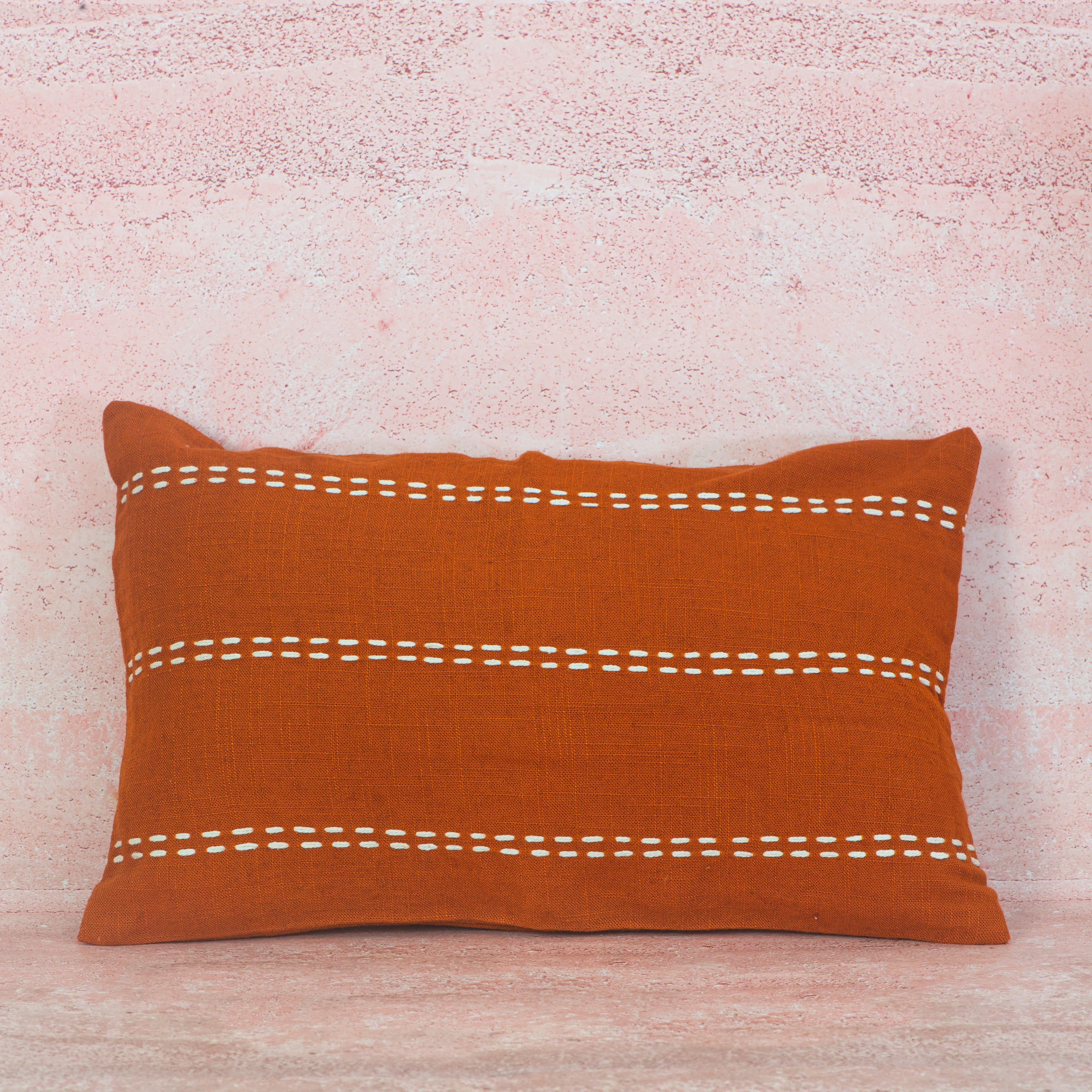 Terracotta Linen Cushion with White Stitch Detail – 30x50 cm