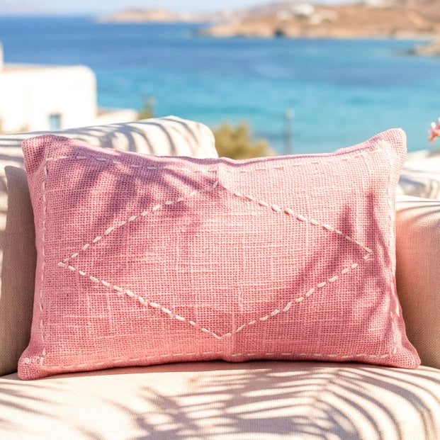Pink Cotton Cushion with White Diamond Stitch – 30x50 cm