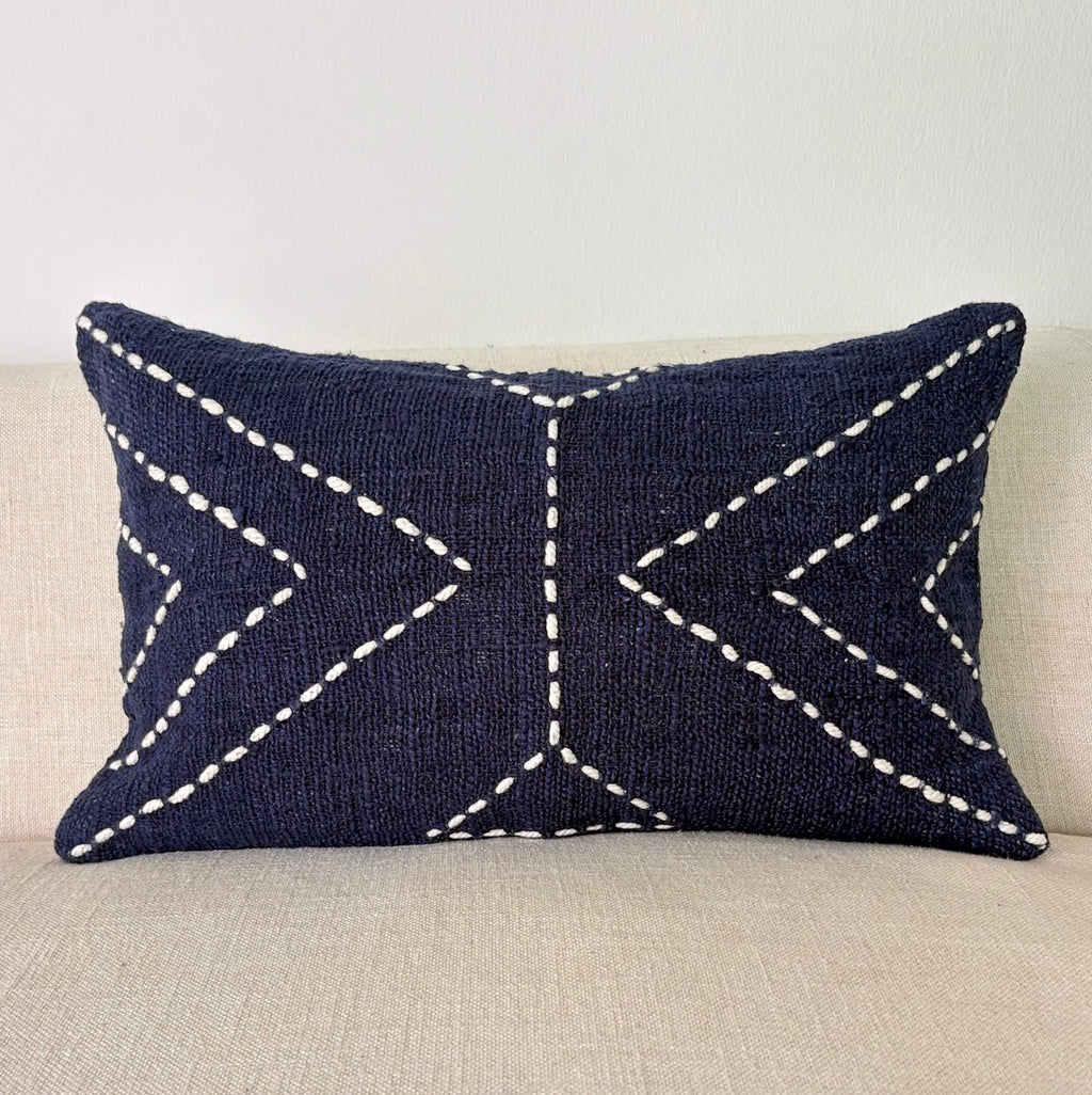 Navy Cotton Cushion with White Geometric Stitch – 30x50 cm