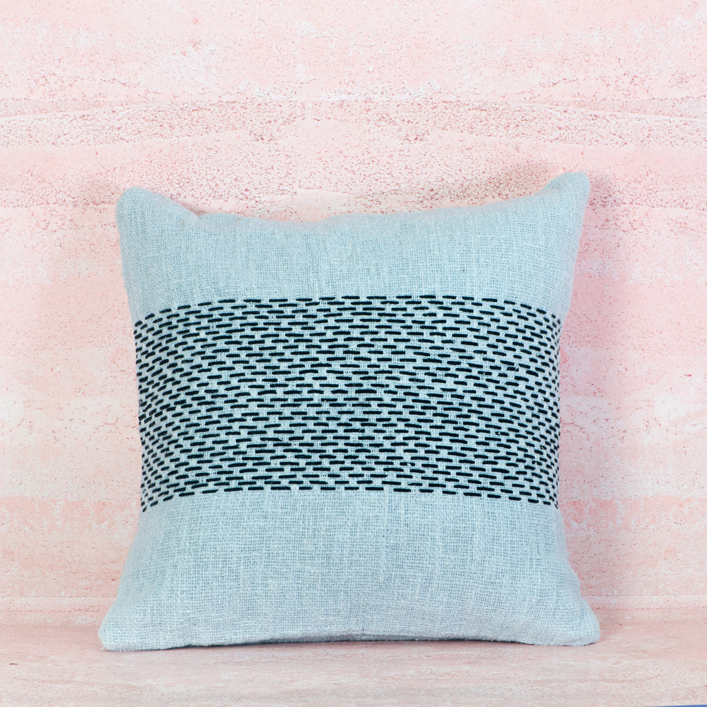 Light Blue Cotton Cushion with Black Stitch Panel