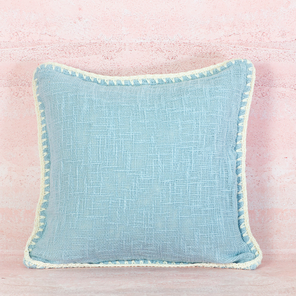 Light Blue Cotton Cushion with Contrast Edge Stitch 