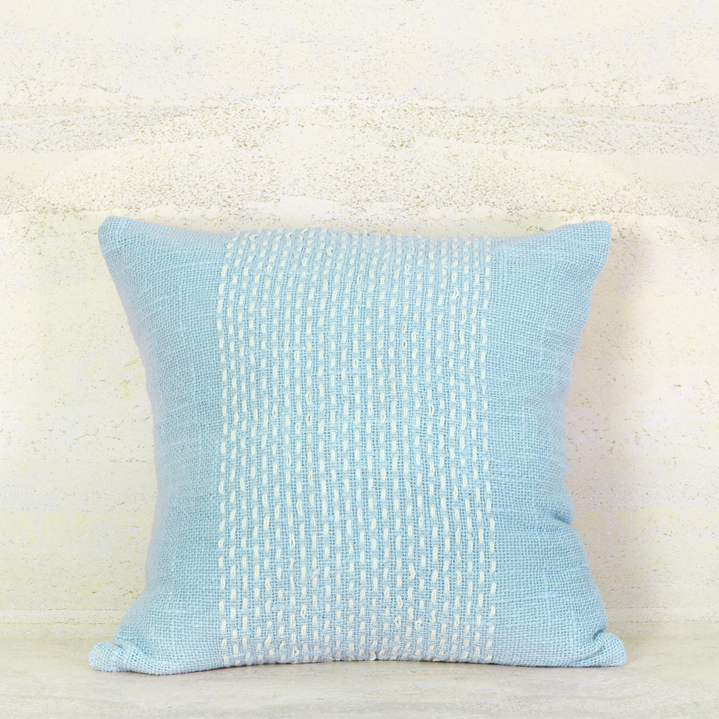 Light Blue Cotton Cushion with White Stitch Pane