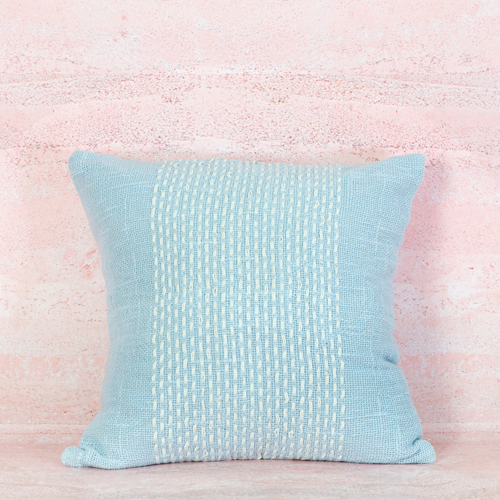  Light Blue Cotton Cushion with White Stitch Panel 