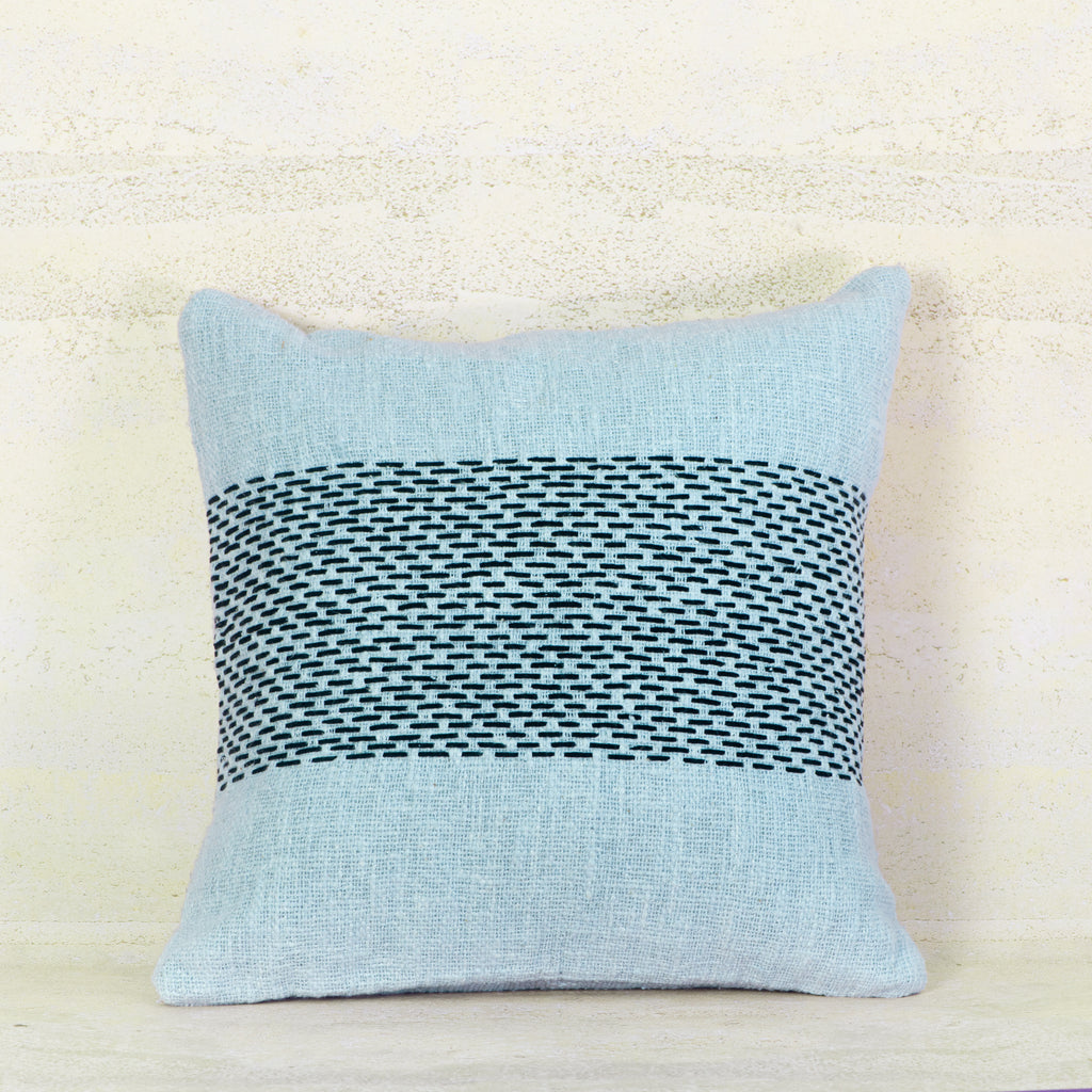 Light Blue Cotton Cushion with Black Stitch Panel