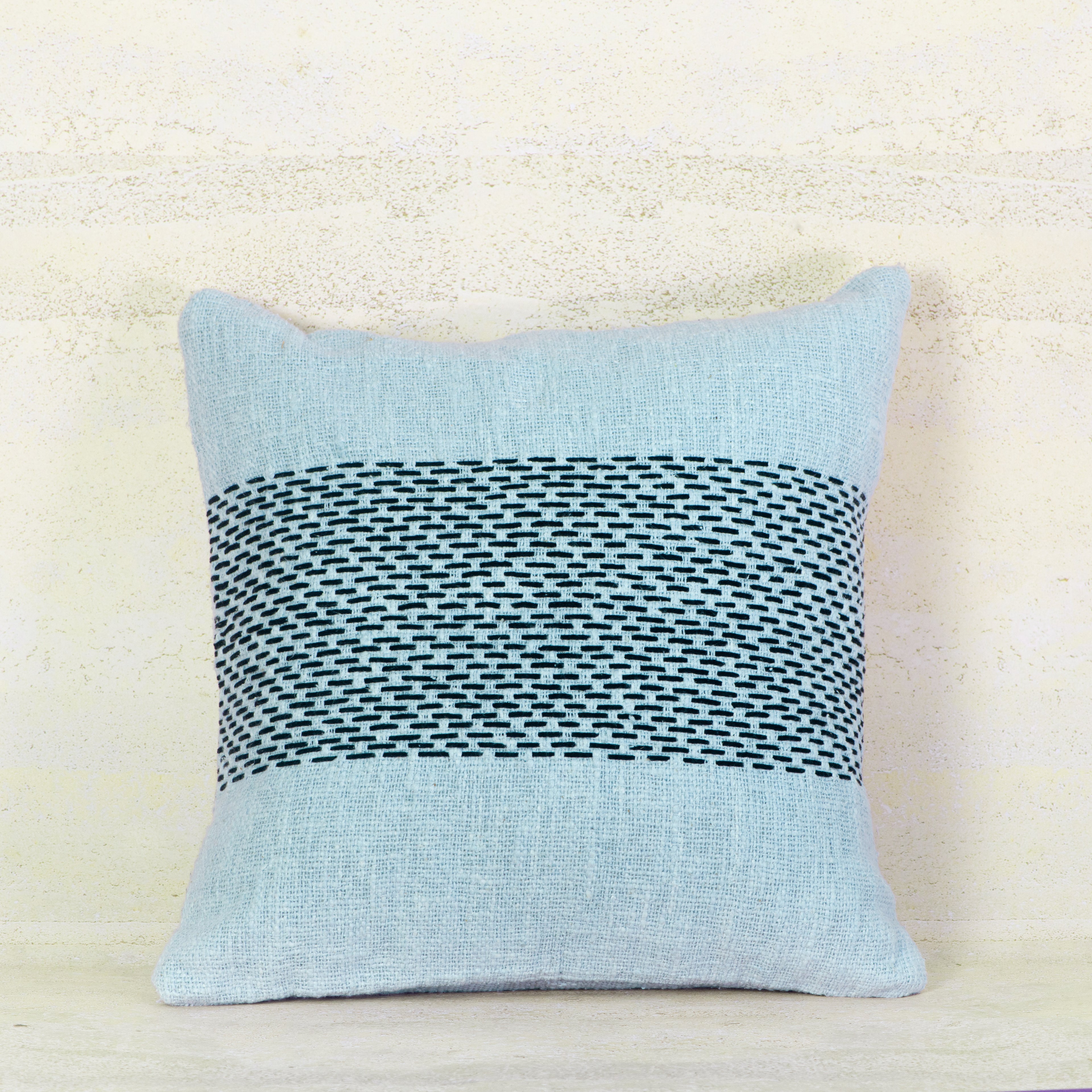 Light Blue Cotton Cushion with Black Stitch Panel