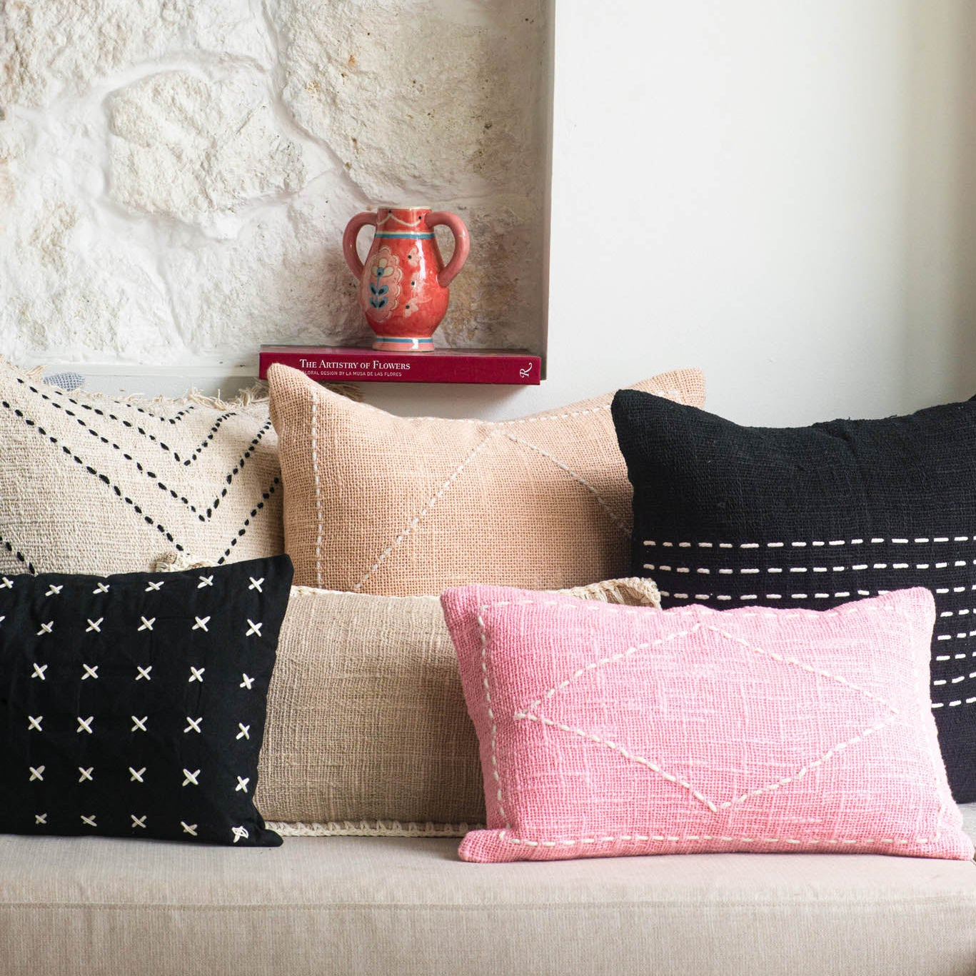 Black Woven Line-Stitched Cotton Cushion – 50x50 cm