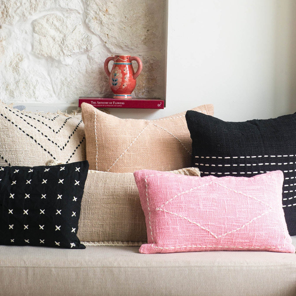 Black Woven Line-Stitched Cotton Cushion – 50x50 cm