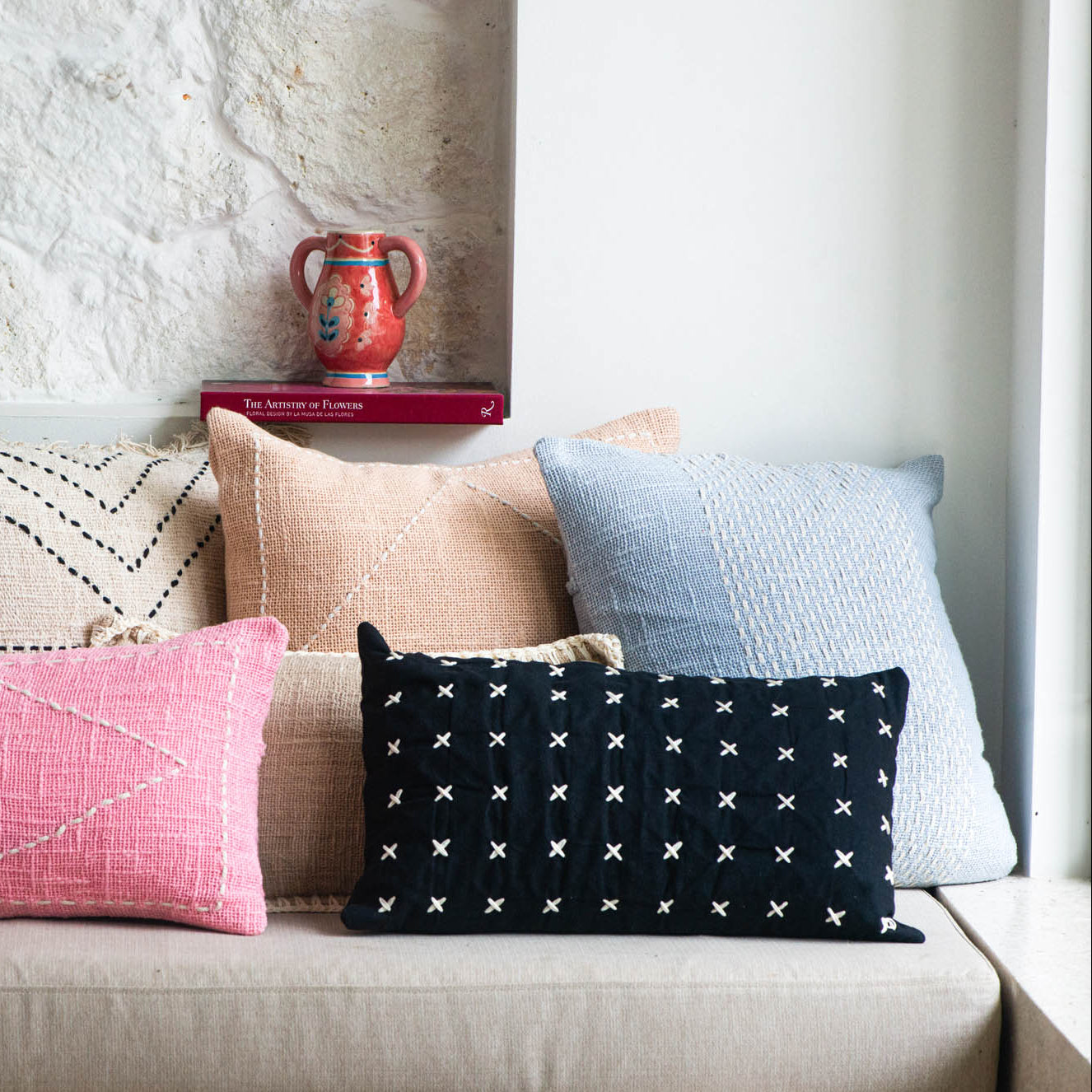 Light Blue Cotton Cushion with White Stitch Panel – 50x50 cm