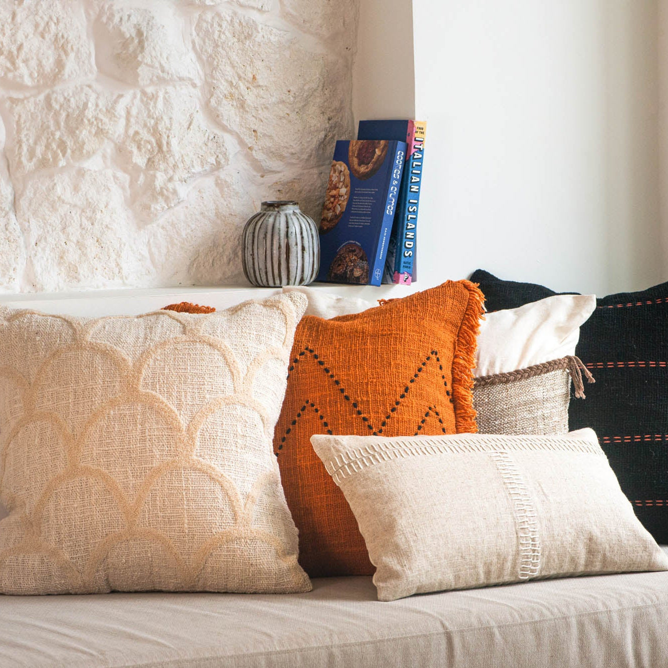 Beige Raised Arch Pattern Cotton Cushion – 50x50 cm
