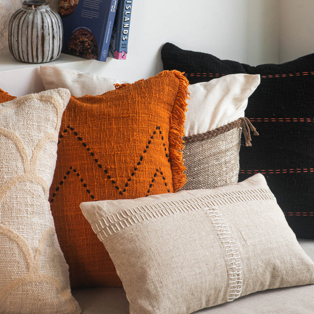 White Cotton Cushion with Natural Woven Panel and Brown Trim – 50x50 cm