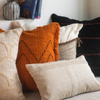 White Cotton Cushion with Natural Woven Panel and Brown Trim – 50x50 cm